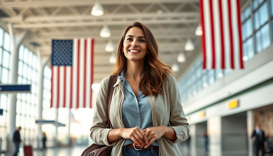 U.S. inbound travel recovery depicted by young woman with luggage in airport.