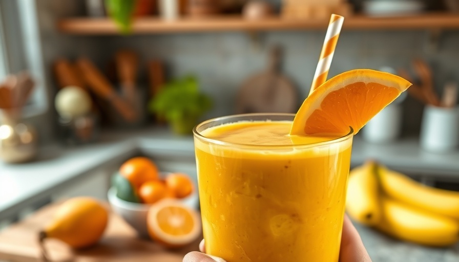 Aprium orange mango banana smoothie in a kitchen setting.