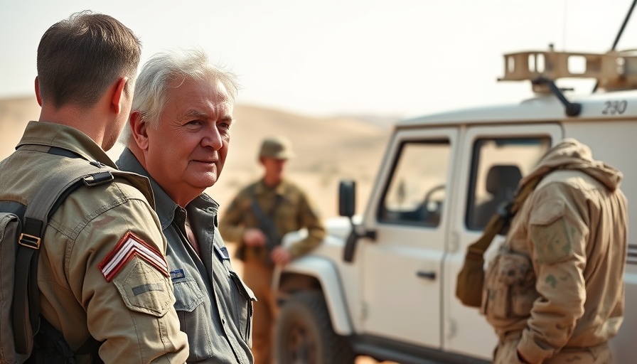 Casually dressed man converses with military personnel, sunlit desert scene.
