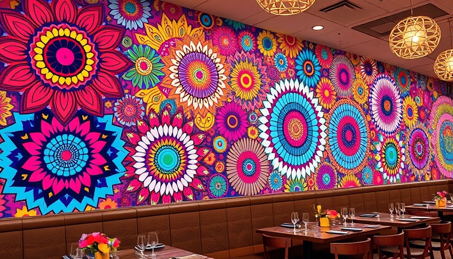 Texas de Brazil restaurant wall with vibrant floral patterns.