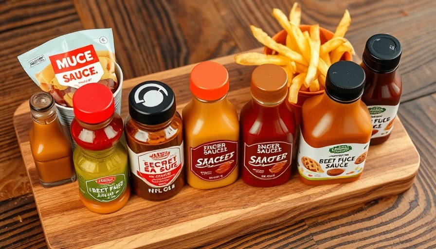 Assorted best fast food secret sauces with fries on wooden board.