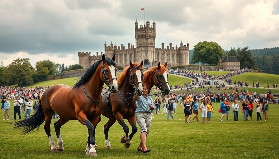 Women leading horses at Galloway Country Fair with castle in the background.