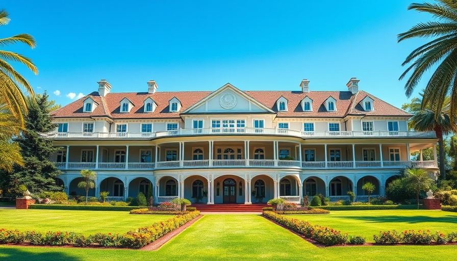 Colonial-style hotel with gardens showcasing property finance for hotel refurbishment.