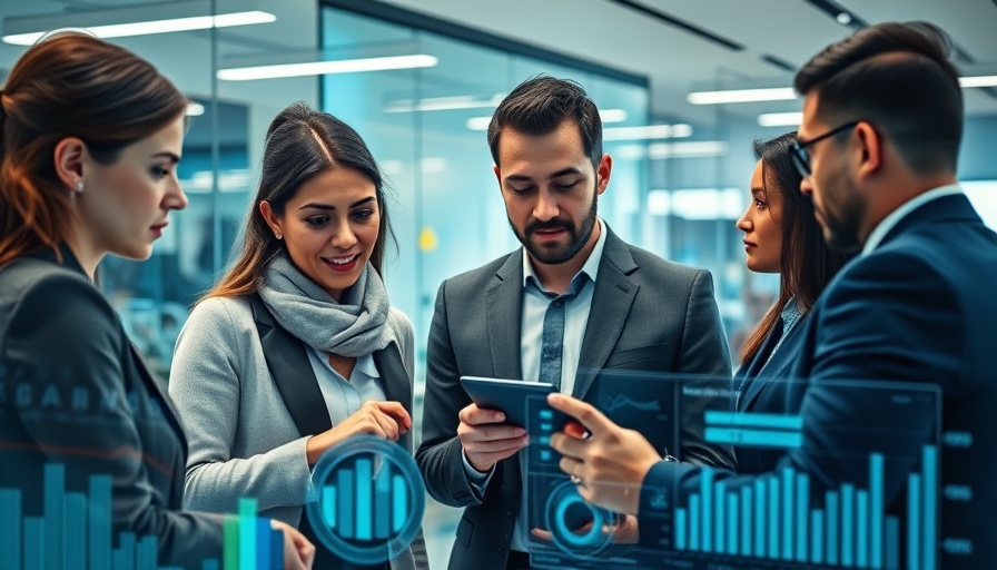 Business team using a futuristic AI governance platform in a modern office.