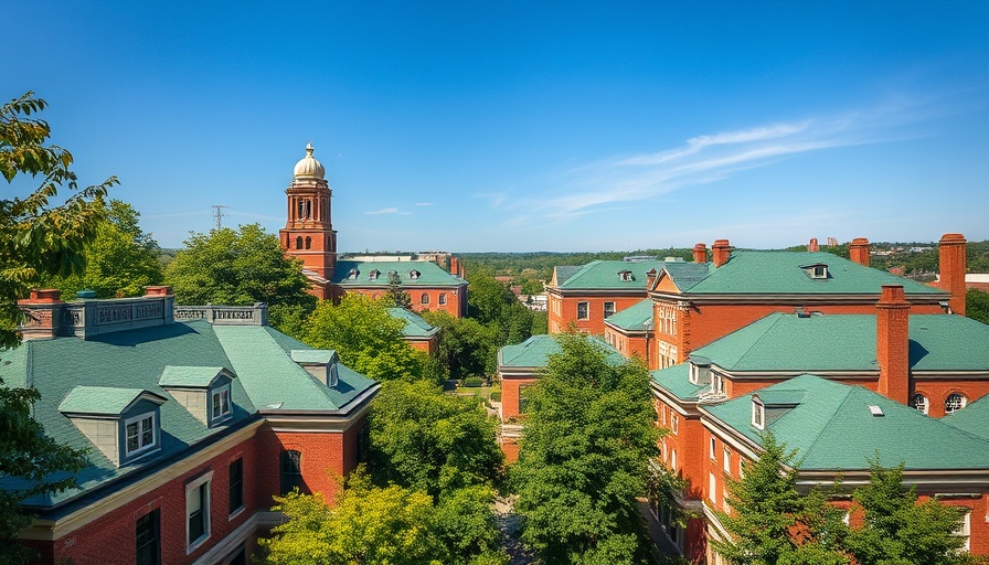 Aerial view of Belmont University campus with brick buildings and green rooftops.