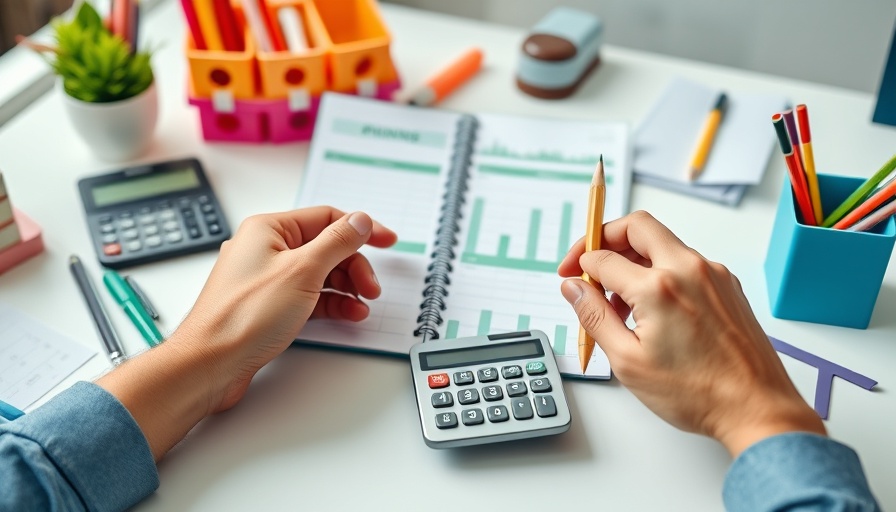 Cash Stuffing: Hands organizing savings in a planner with calculator.