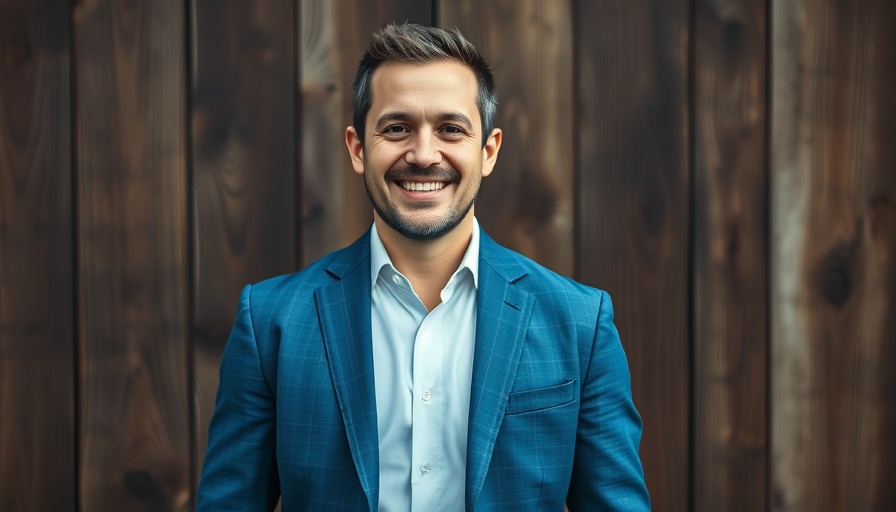 Professional man smiling in a blue suit jacket, estate agents sales funnel concept.