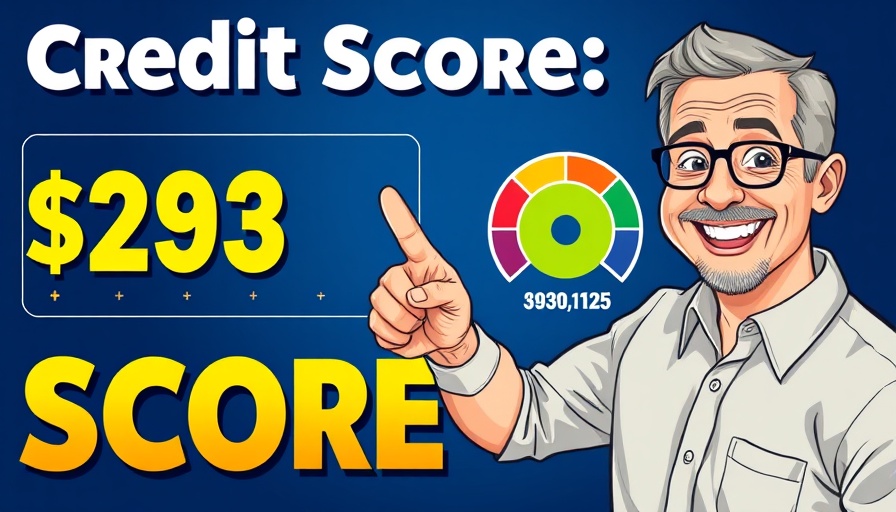 Middle-aged man pointing at credit score graphic, cartoon style.