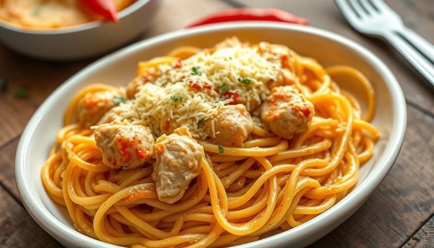 Healthy chicken spaghetti in white dish, creamy and golden, photorealistic.