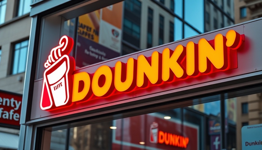 Dunkin' store sign on a bright urban storefront background.
