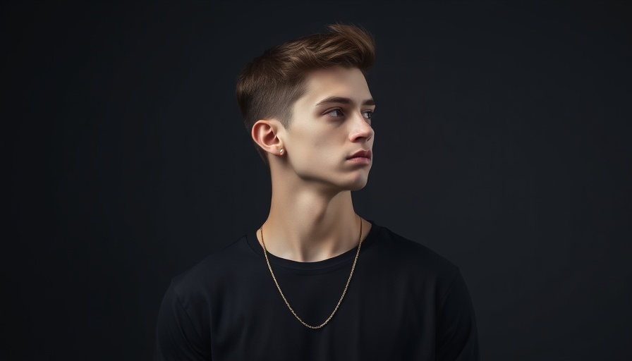 Young man in black shirt with contemplative look on grey background.