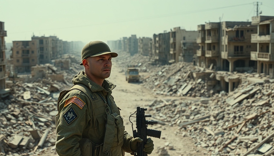 Military officer in Gaza conflict amid ruins.