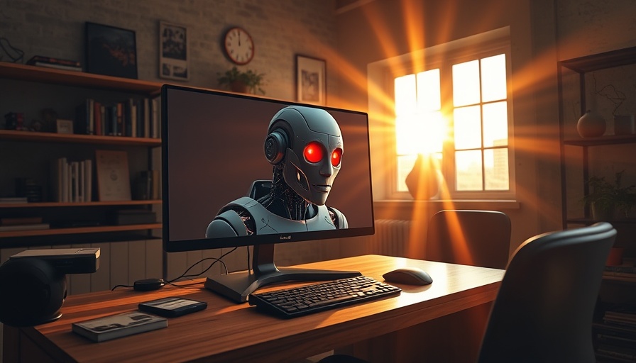 Futuristic office computer shows robot; highlights security flaws.