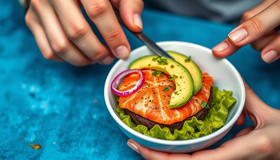 Best salmon burgers in a colorful bowl with avocado and pickles.