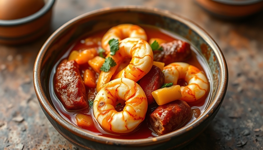 Delicious Creole shrimp and sausage bowl on textured table.