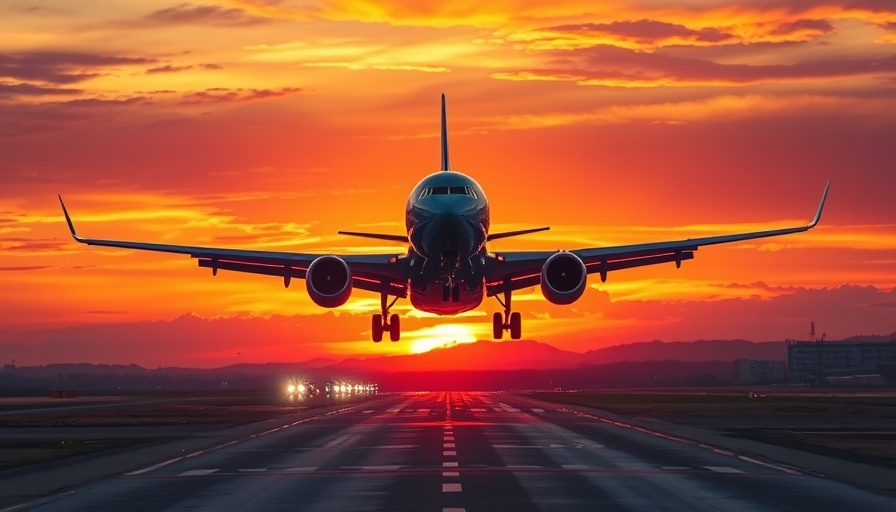 Jet landing at sunset signifying airline revenue growth.