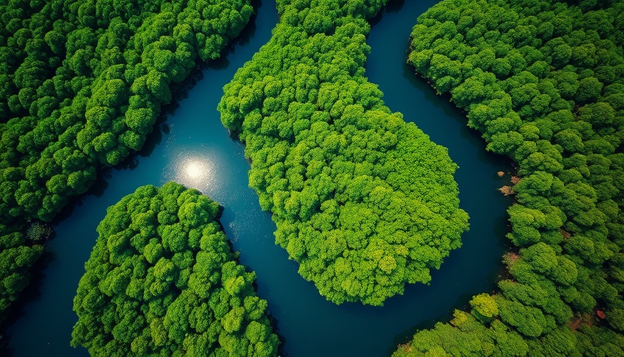 Aerial view of vibrant mangrove forest and waterways, nature pattern.