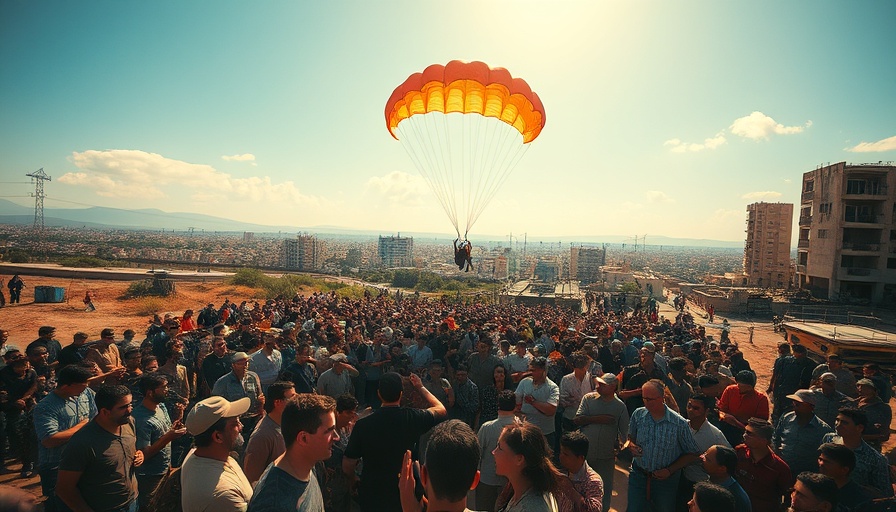 Crowd under parachute delivery in dramatic desert setting