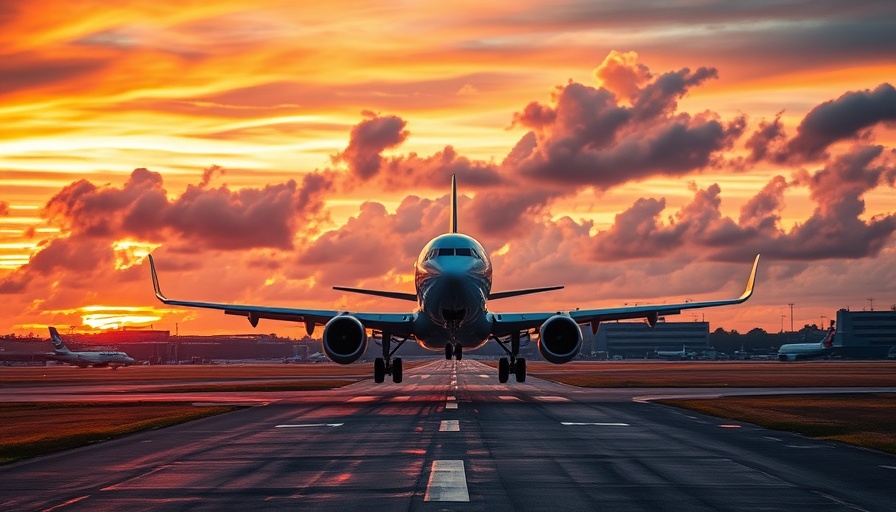 Airplane landing with vibrant sunset sky, highlighting airline revenue models.