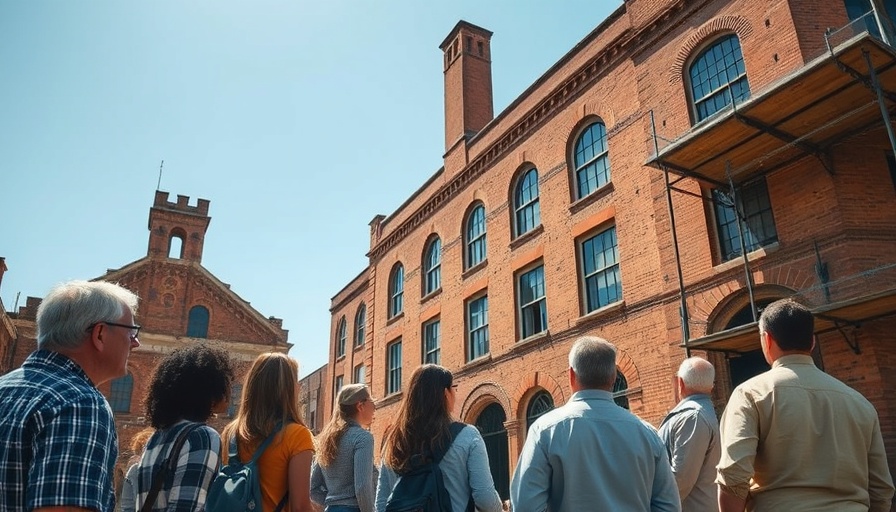 Group observing Dumfries historic property restoration under sunny skies.