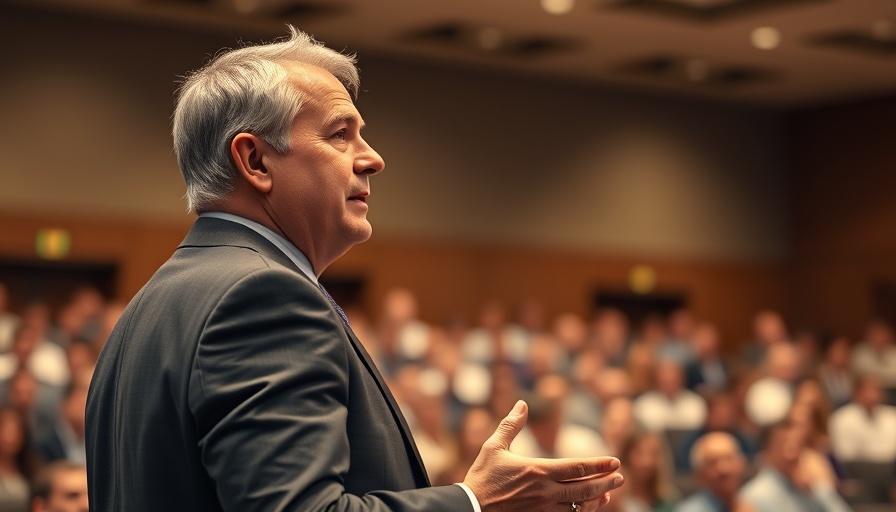 Mature speaker delivering a talk on the gospel in a conference.