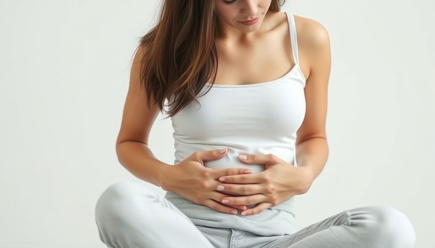 Woman seated holding abdomen, illustrating best poop position for constipation.