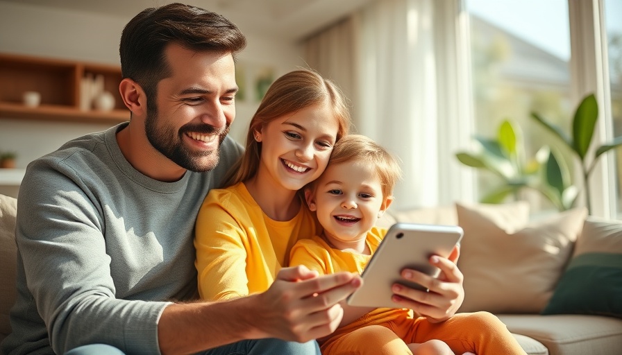Happy family exploring FutureMoney Pro investment for kids on smartphone.