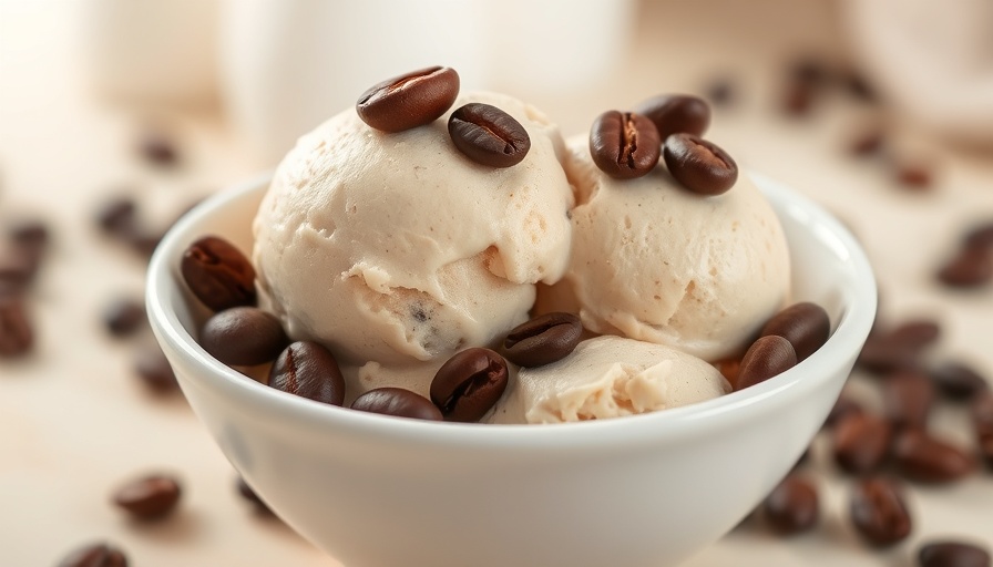 Delicious vegan coffee ice cream with coffee beans in a bowl.