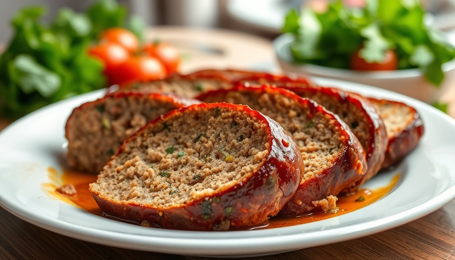 Glossy meatloaf slices on a plate with fresh greens in background.
