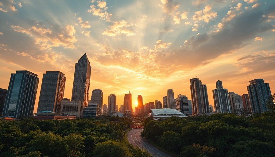 Jakarta skyline at sunset with modern skyscrapers and lush greenery.