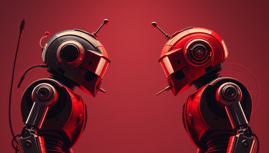 Retro robots stand-off in AI agents war concept, red monochrome.