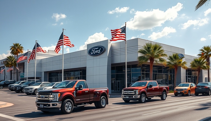 Ford dealership with American flags and parked trucks, symbolizing innovation.