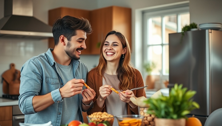 Young couple enjoying snack preparation in a kitchen.