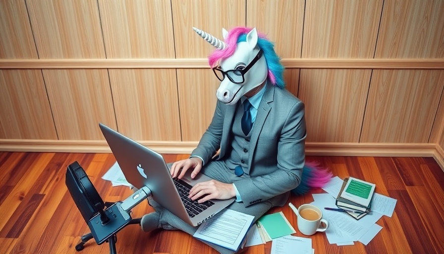 One-person unicorn AI concept with unicorn mask and laptop