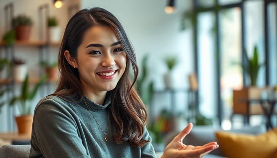 Confident young woman discussing energy protection in a serene home setting.