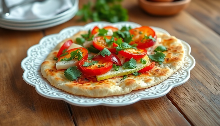 Naan flatbread pizza recipe with fresh vegetables and herbs.