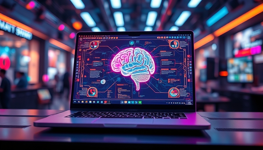 Futuristic laptop with AI brain diagram representing AI in prior authorization, neon colors.