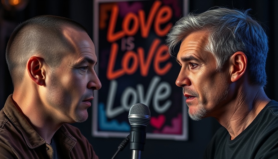 Two men discussing with colorful poster, Protestant Paganism topic.