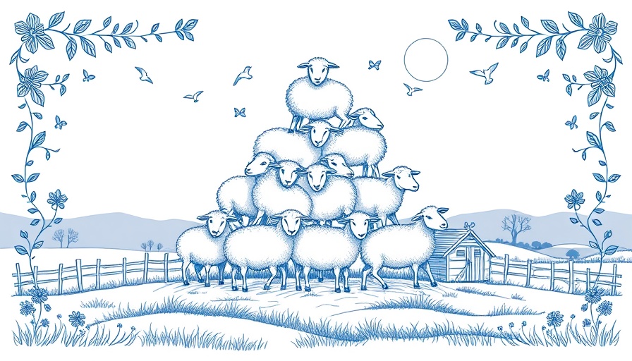 Illustration of sheep pyramid with pastoral elements.