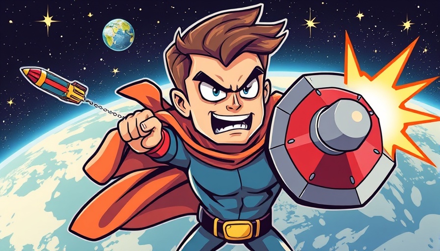 Retro superhero deflects missiles in space, Nuclear Energy AI Developments.