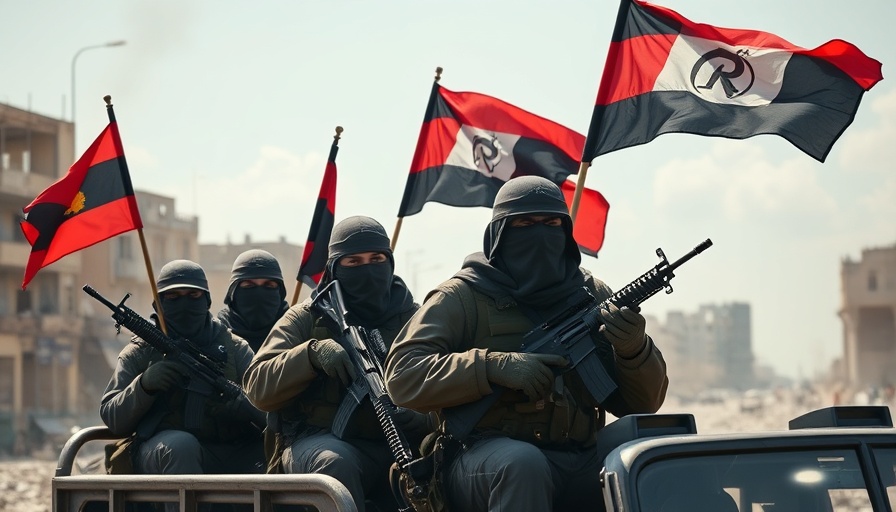 Hamas new demands for truce in Gaza; armed group with flags amid ruins.
