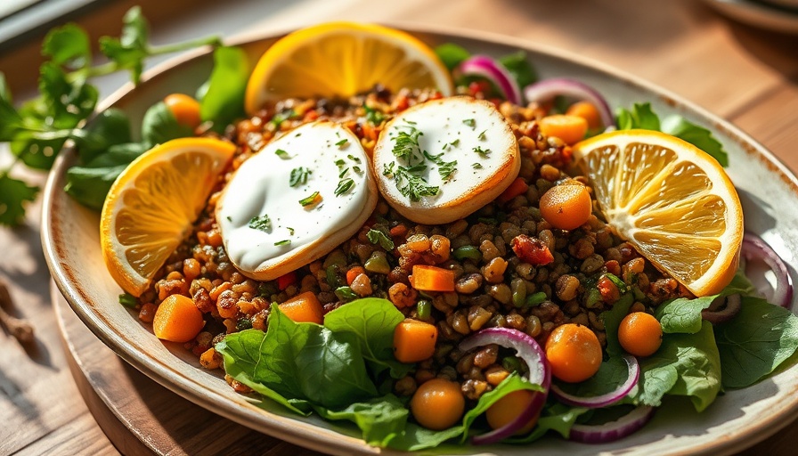 Lentil halloumi salad with vibrant citrus and yogurt dressing, fresh ingredients.