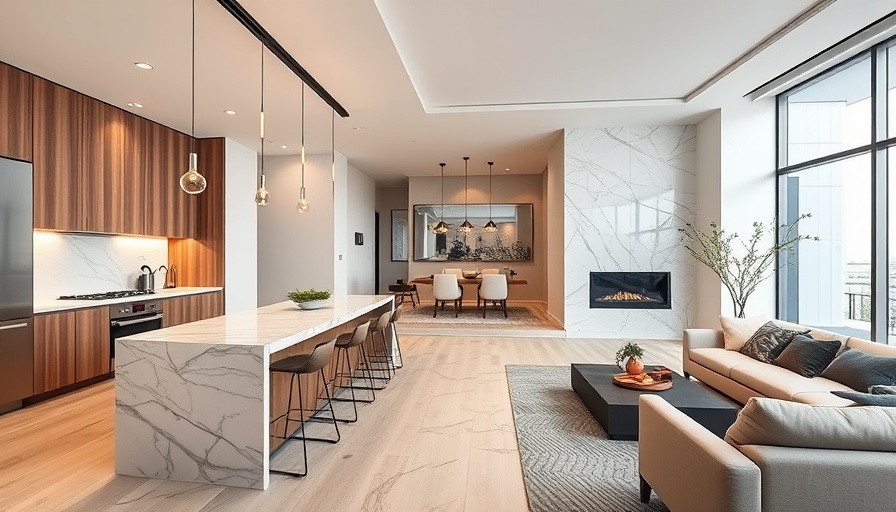 Luxury waterfront condo interior showcasing modern kitchen and living area.