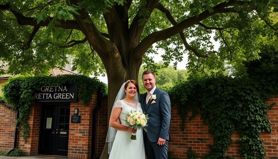 Couple marries at Gretna Green under a tree with wedding sign.