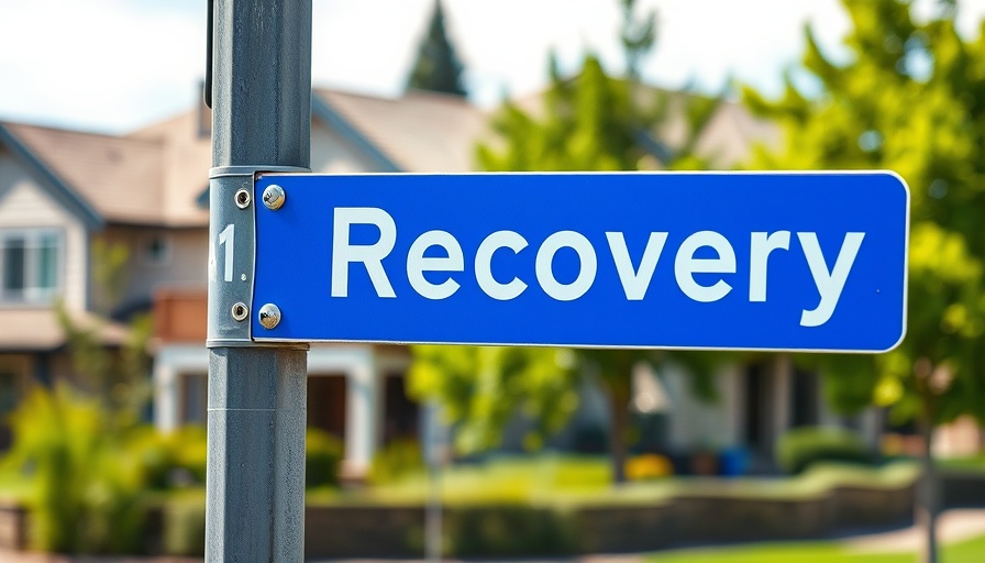 Blue recovery sign with blurred houses, sunny day