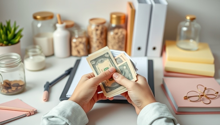Cash stuffing setup with planner and accessories for family budgeting.