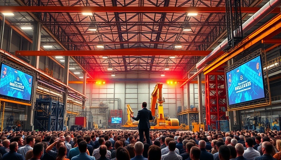 Speaker presenting in an industrial setting with display screens and stage.