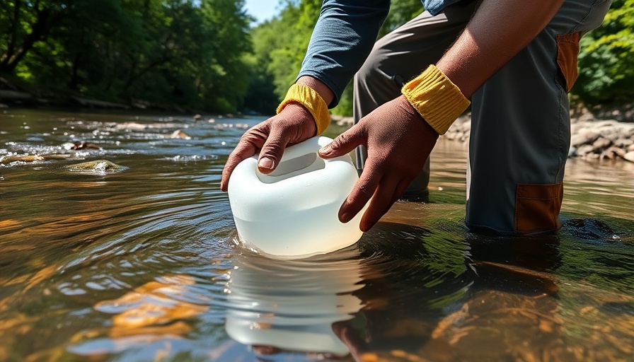 Person collecting water sample from river with blue gloves.