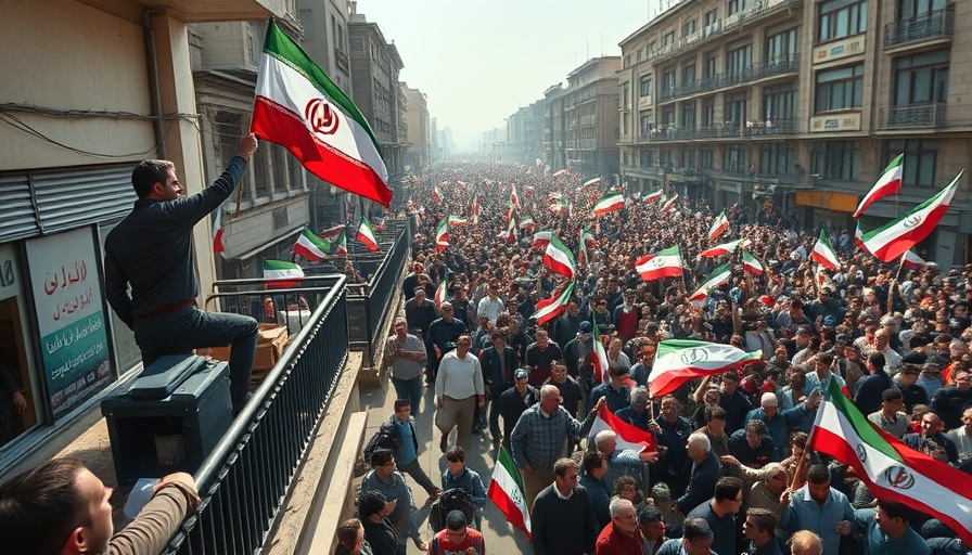 Iran internal conflict depicted by protesters waving flags in urban setting.