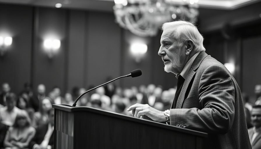 God is Slow to Anger: Elderly man speaks at podium conveying wisdom.